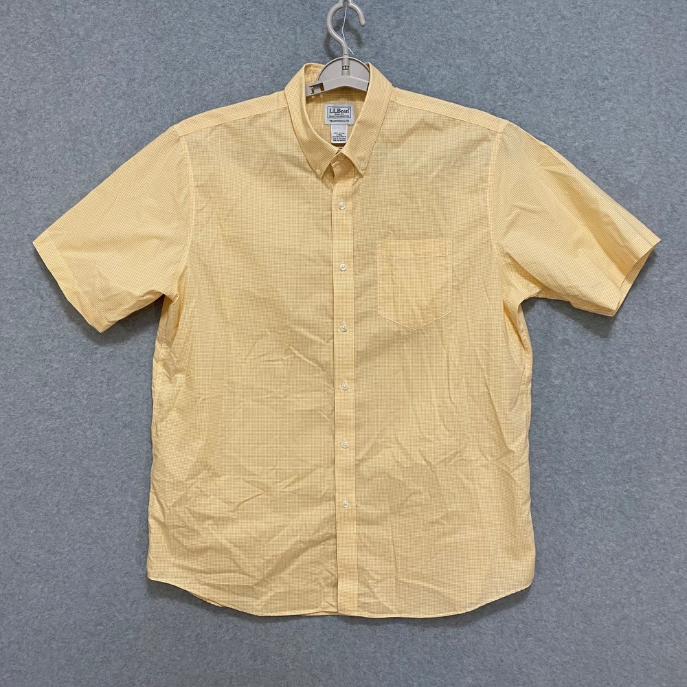 LL BEAN Men's L Regular Traditional Fit Short Sleeve Button Down Yellow Check - Picture 1 of 6